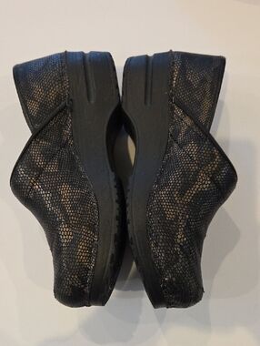 Sanita Black and Gold Snake-Print Clog Wedges